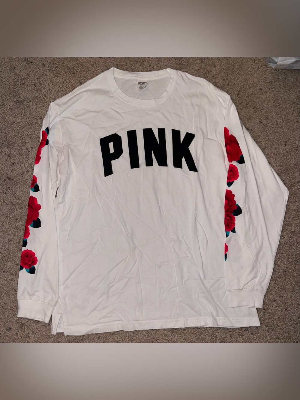 PINK White Long Sleeve Tee with Red Rose Sleeve Prints